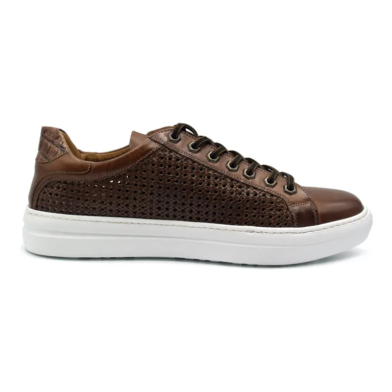 65-202-CGN VENTO Calfskin Side Weave & Embossed Crocodile Sneaker, Cognac