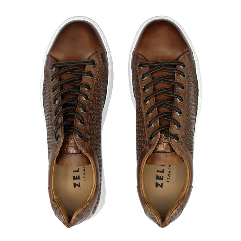 65-202-CGN VENTO Calfskin Side Weave & Embossed Crocodile Sneaker, Cognac