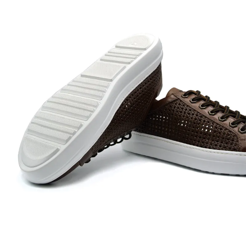 65-202-CGN VENTO Calfskin Side Weave & Embossed Crocodile Sneaker, Cognac