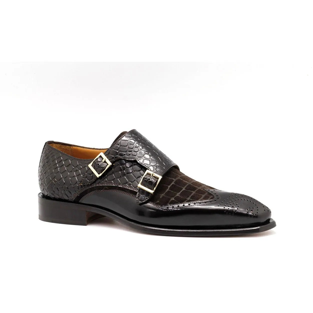 Ambrogio 40419-A147 Men's Shoes Dark Brown Corodile Print / Suede / Calf-Skin Leather Monk-Straps Loafers (AMBX1011)