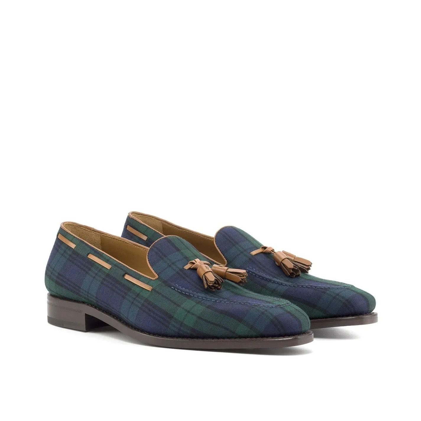 Ambrogio Bespoke Custom Men's Shoes Green, Blue & Brown Blackwatch Fabric / Box Calf-Skin Leather Tassel Loafers (AMB2197)