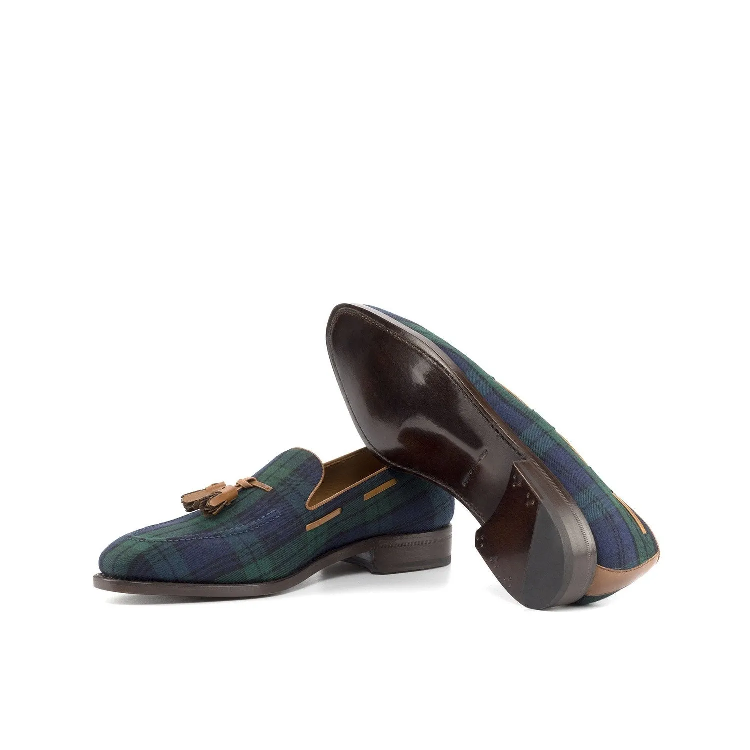 Ambrogio Bespoke Custom Men's Shoes Green, Blue & Brown Blackwatch Fabric / Box Calf-Skin Leather Tassel Loafers (AMB2197)