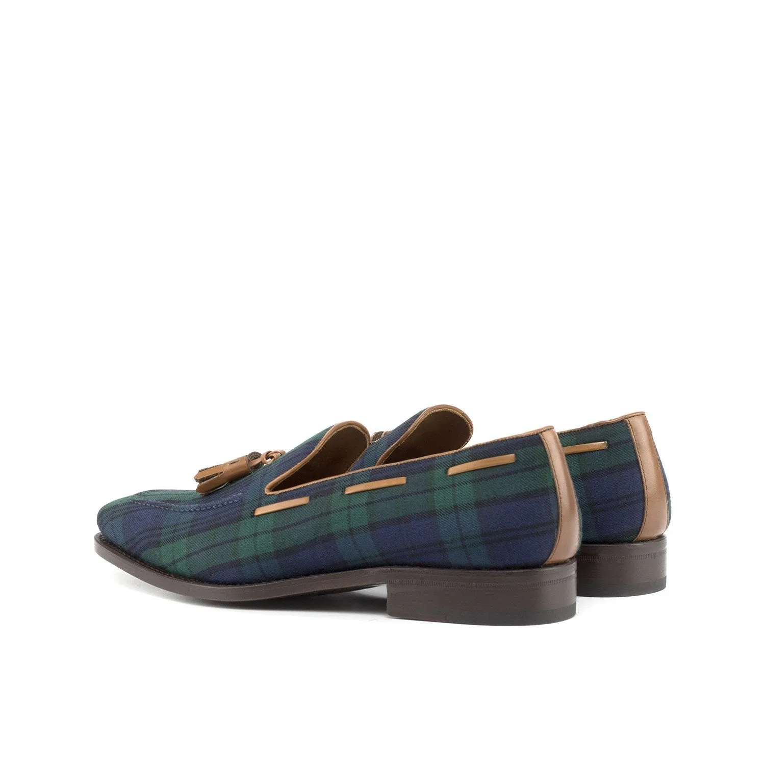 Ambrogio Bespoke Custom Men's Shoes Green, Blue & Brown Blackwatch Fabric / Box Calf-Skin Leather Tassel Loafers (AMB2197)