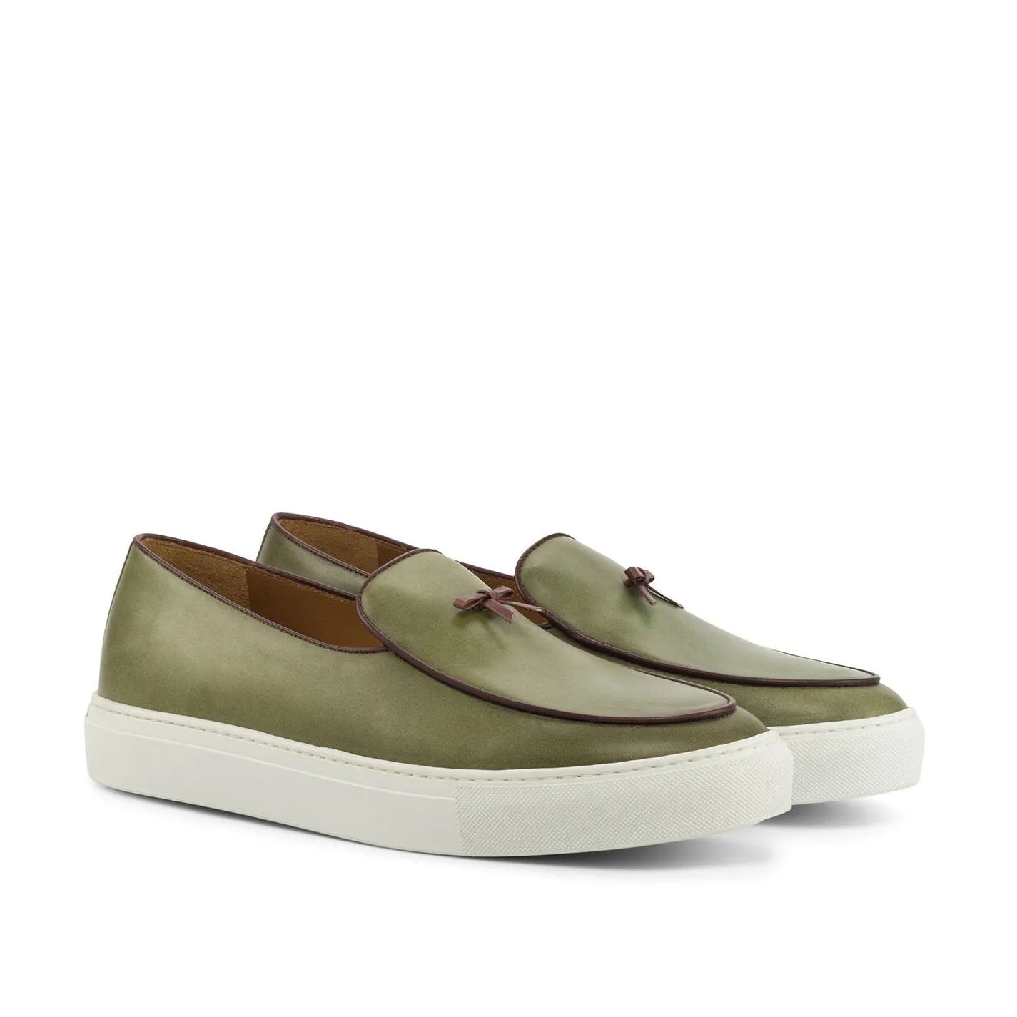 Ambrogio Bespoke Custom Men's Shoes Olive Calf-Skin Leather Belgian Slip-On Sneakers (AMB2137)