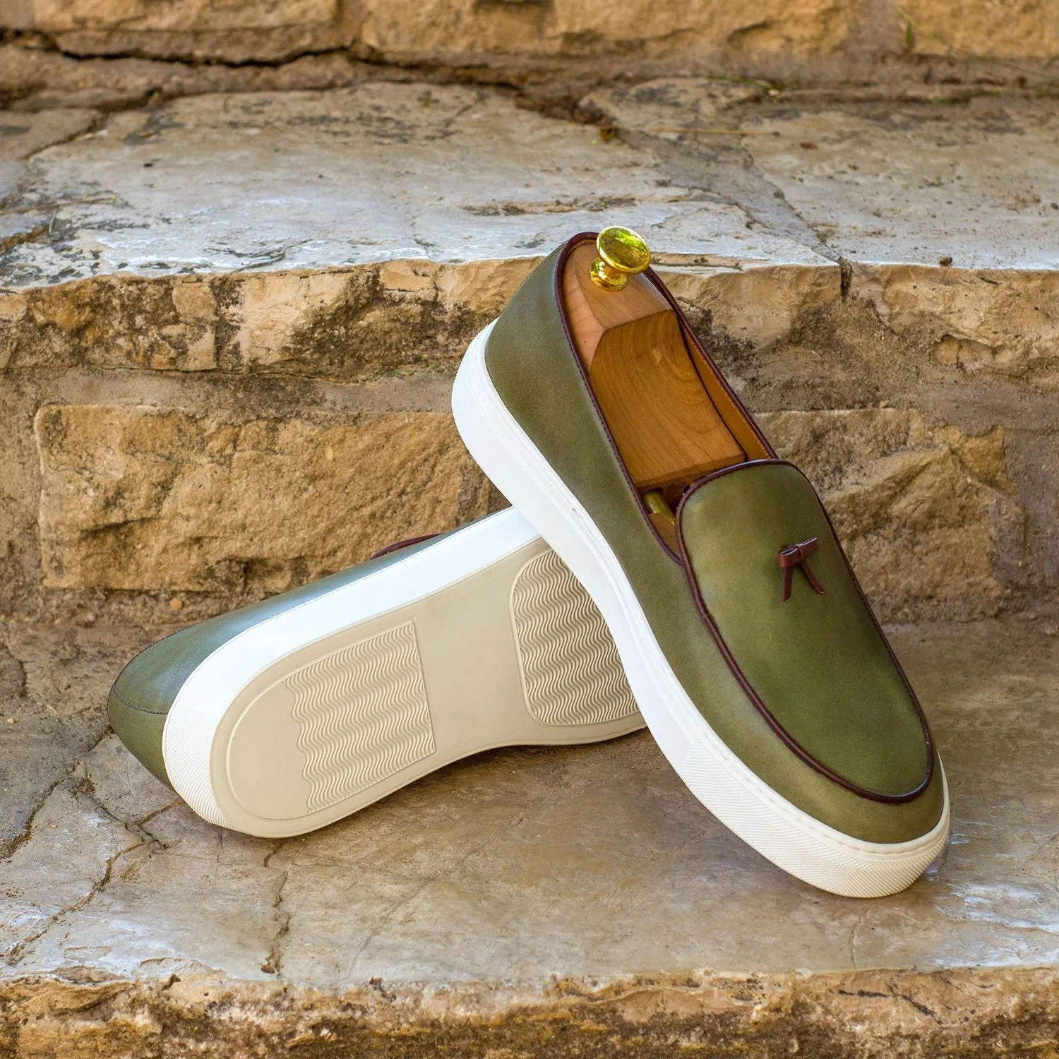 Ambrogio Bespoke Custom Men's Shoes Olive Calf-Skin Leather Belgian Slip-On Sneakers (AMB2137)