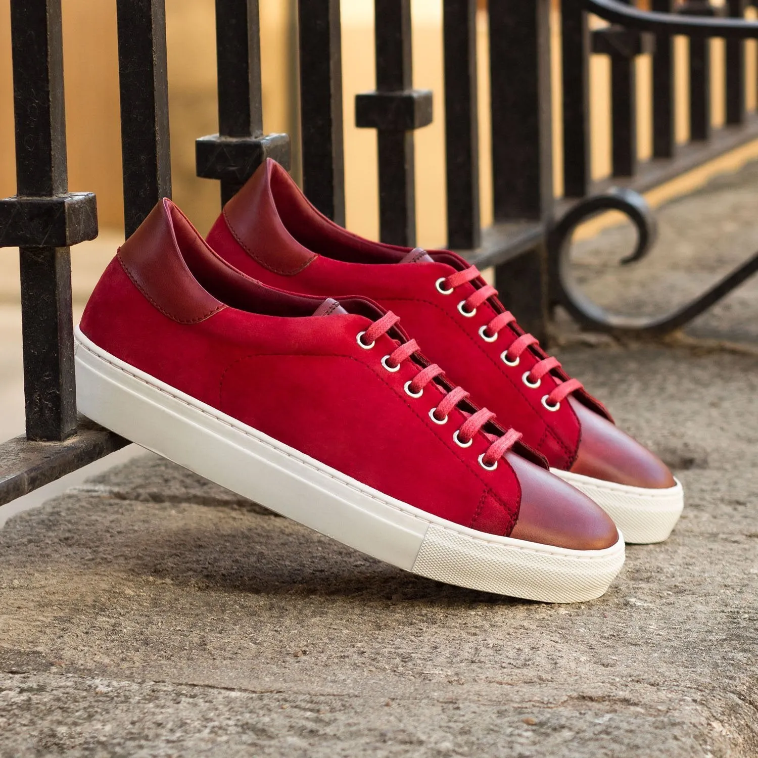 Ambrogio Bespoke Custom Men's Shoes Red Suede / Calf-Skin Leather Trainer Sneakers (AMB1917)