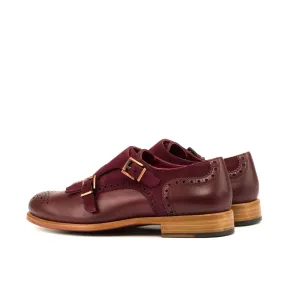 Ambrogio Bespoke Custom Women's Custom Made Shoes Burgundy Wine Suede / Calf-Skin Leather Kiltie Monk-Strap Loafers (AMBW1088)