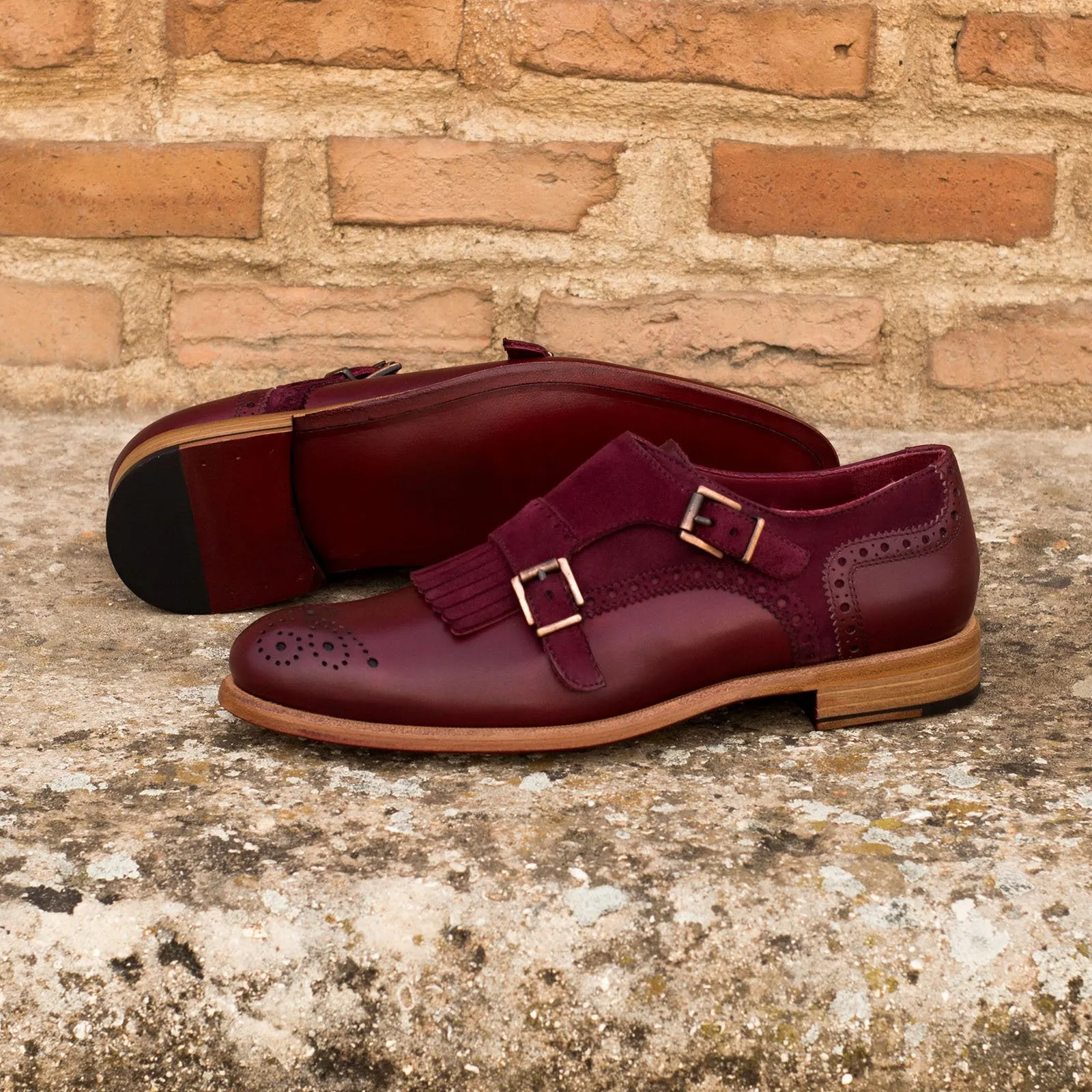 Ambrogio Bespoke Custom Women's Custom Made Shoes Burgundy Wine Suede / Calf-Skin Leather Kiltie Monk-Strap Loafers (AMBW1088)