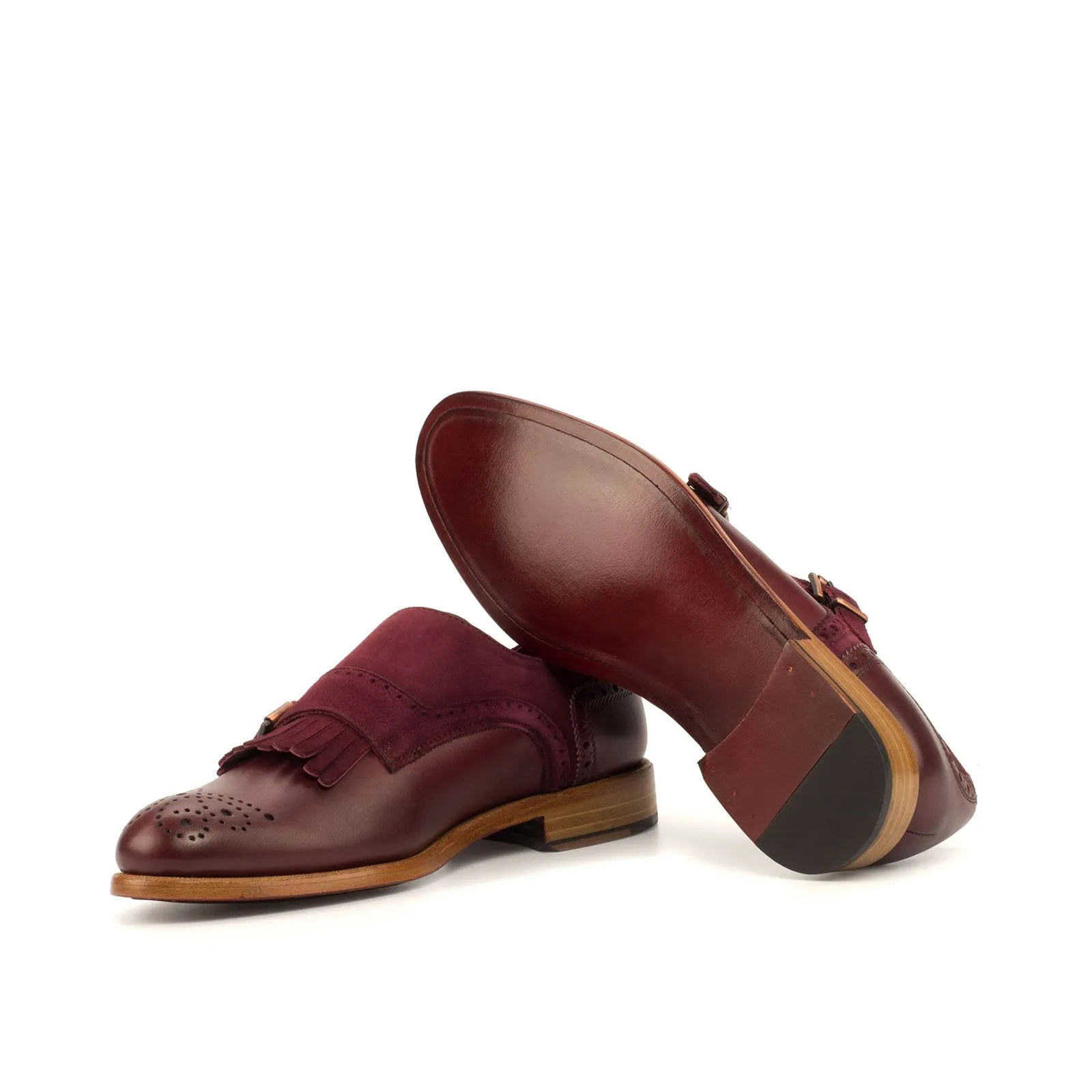 Ambrogio Bespoke Custom Women's Custom Made Shoes Burgundy Wine Suede / Calf-Skin Leather Kiltie Monk-Strap Loafers (AMBW1088)