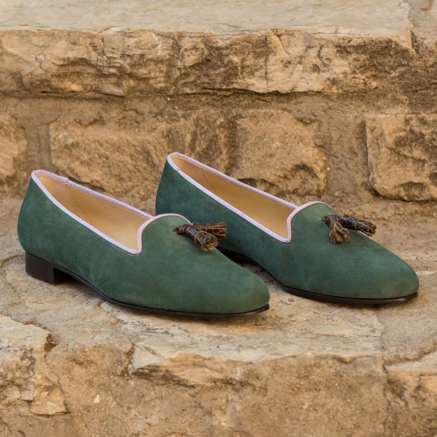 Ambrogio Bespoke Custom Women's Custom Made Shoes Green & Brown Crocodile Print / Suede Leather Rose Loafers (AMBW1054)