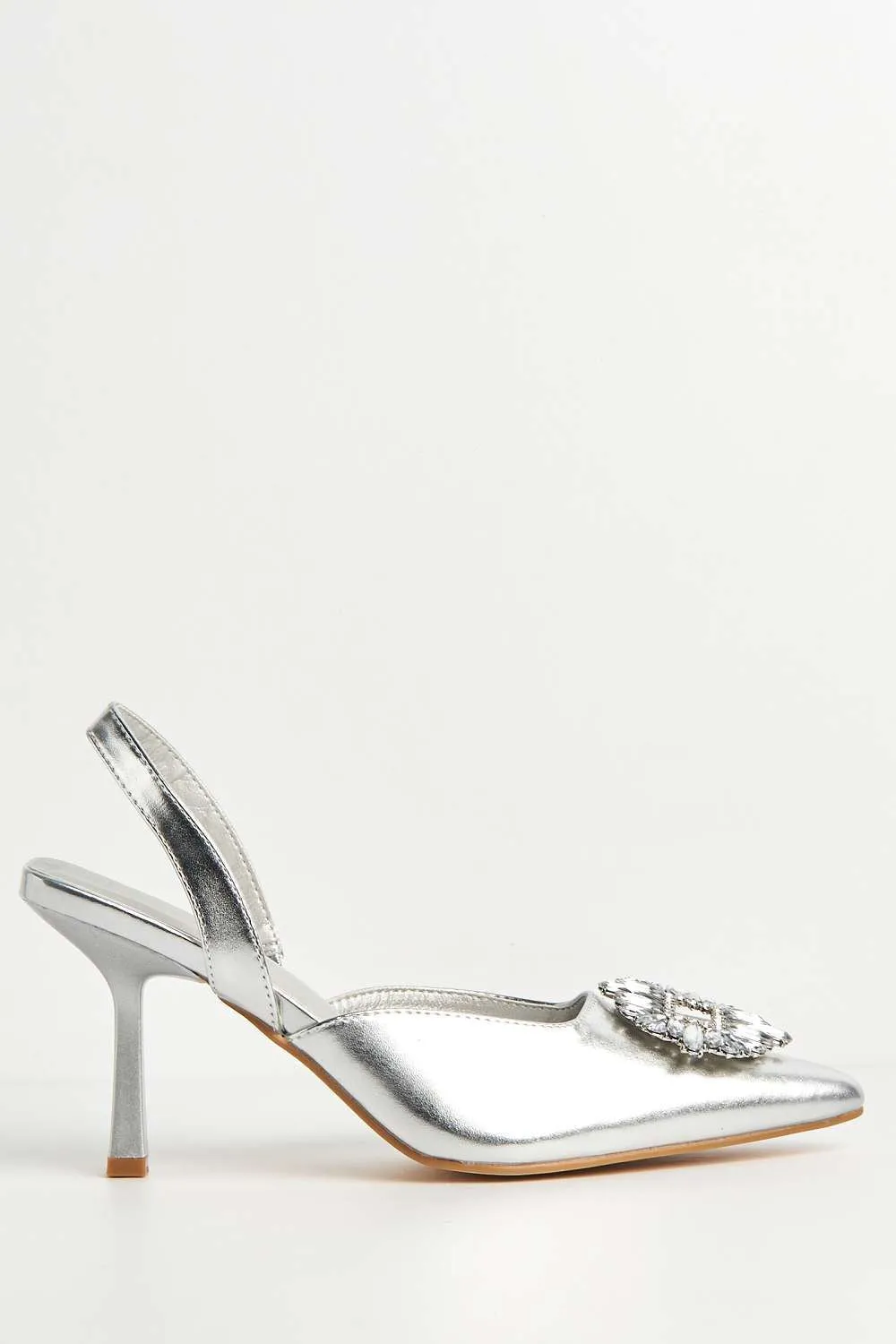 Amira Diamante Brooch Sling Back Court Shoes in Silver