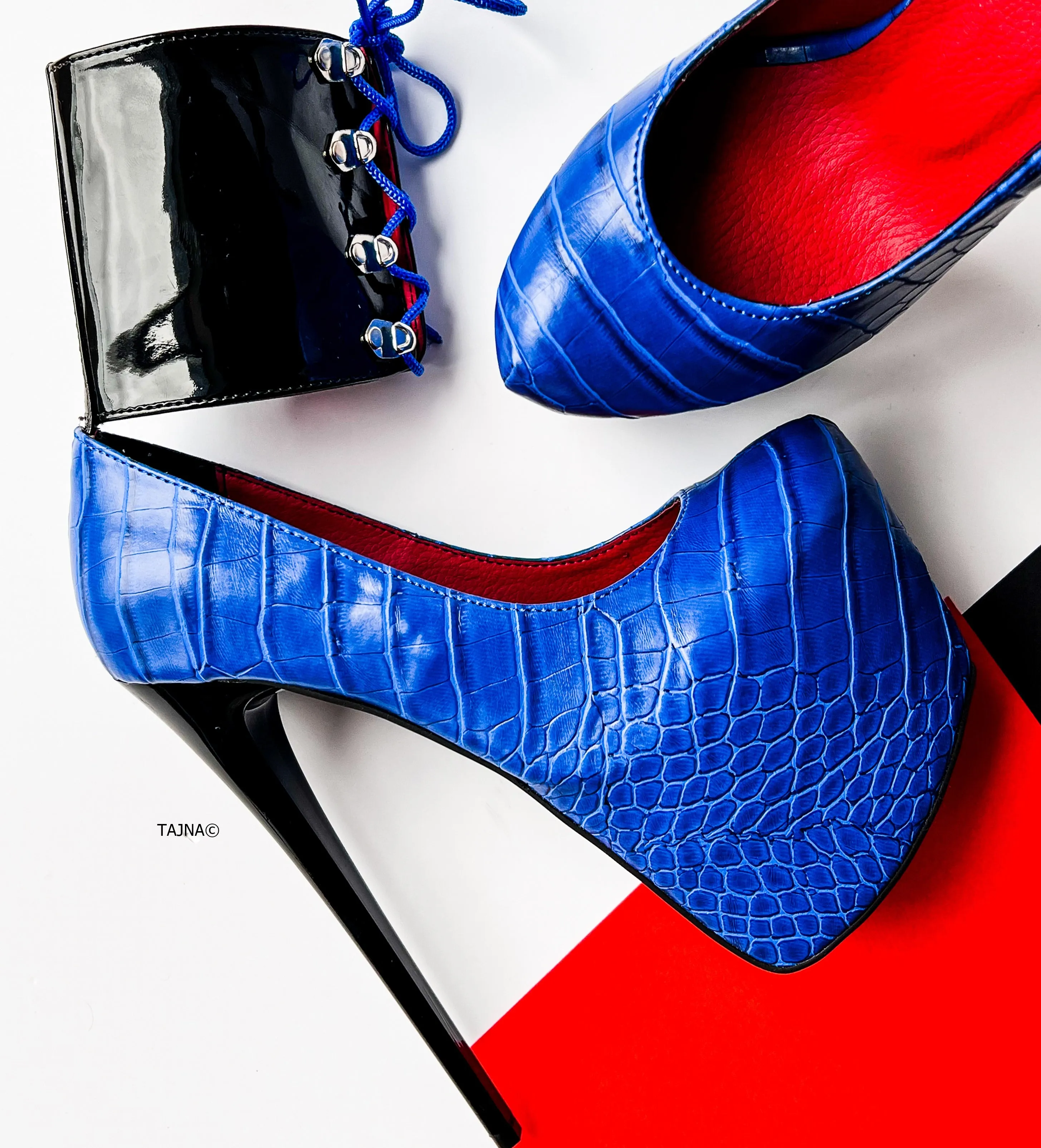 Ankle Cuff Detail Blue Croco High Heel Pumps