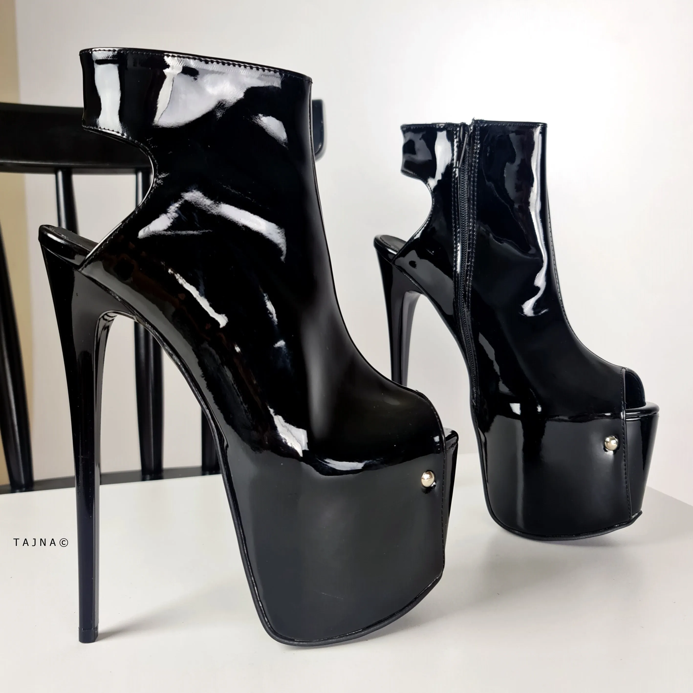 Ankle Cut Black Gloss Peep Toe High Heels