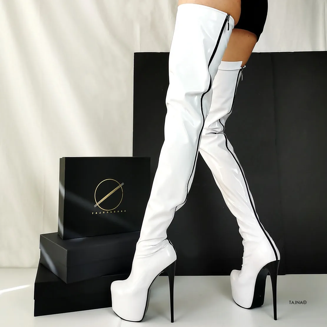 Back Zipper White Gloss Thigh High Boots