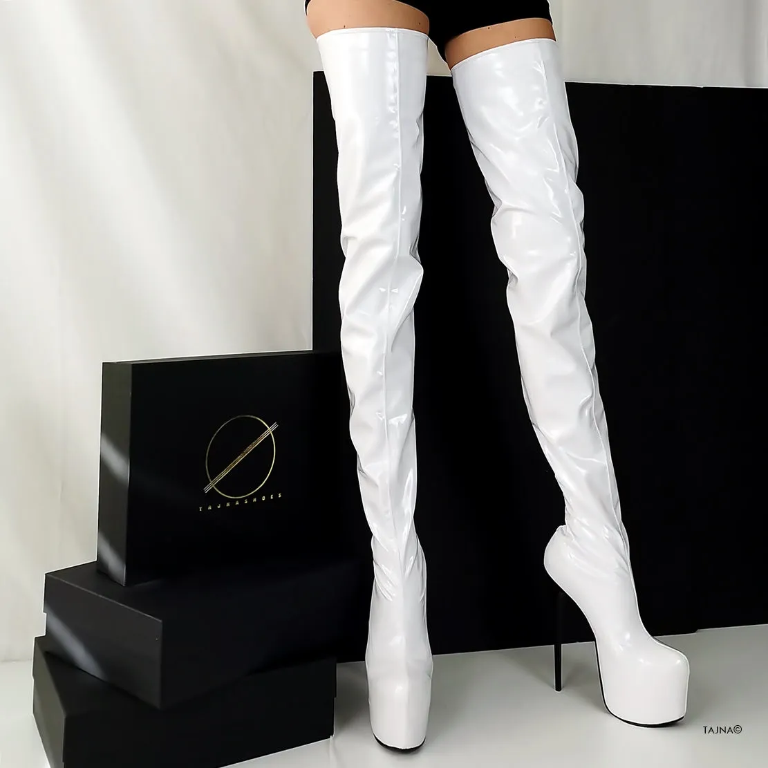 Back Zipper White Gloss Thigh High Boots