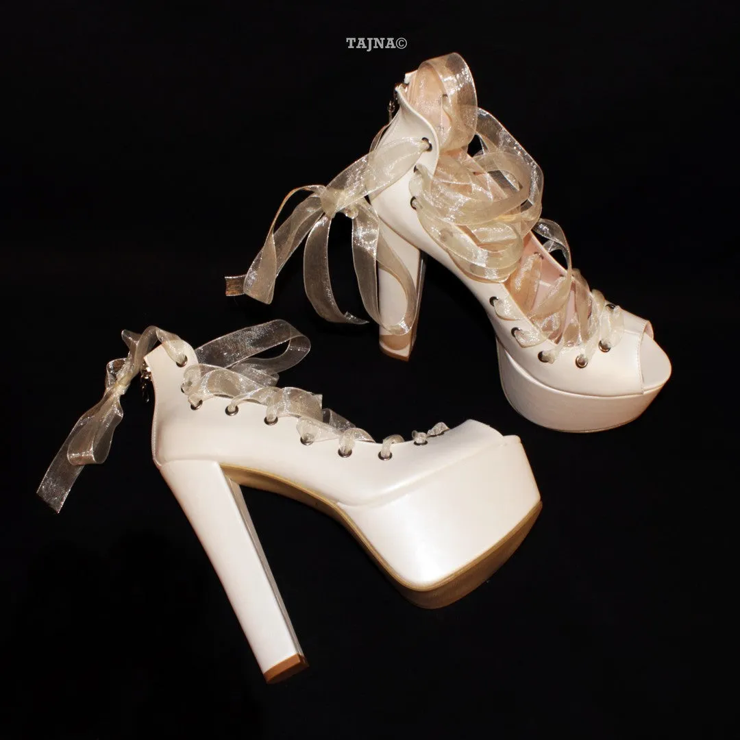 Ballerinas Lace Up Chunky White Platform Heels