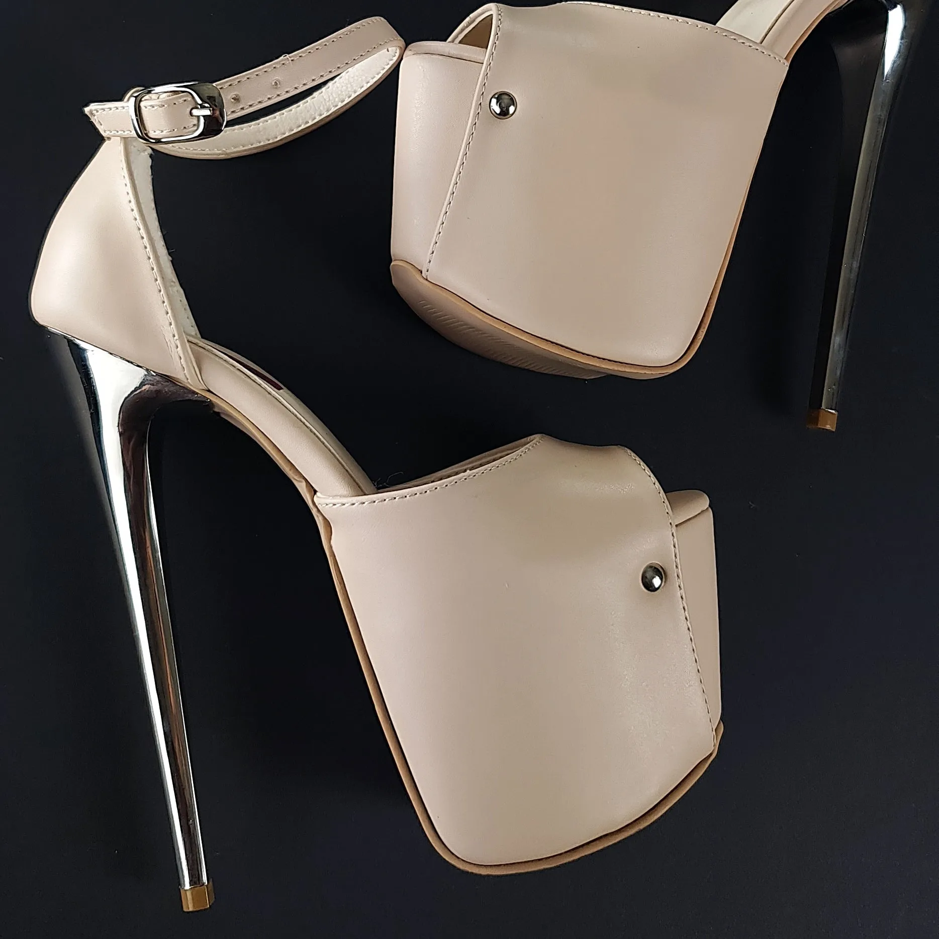 Beige Nude Ankle Strap Metallic High Heels