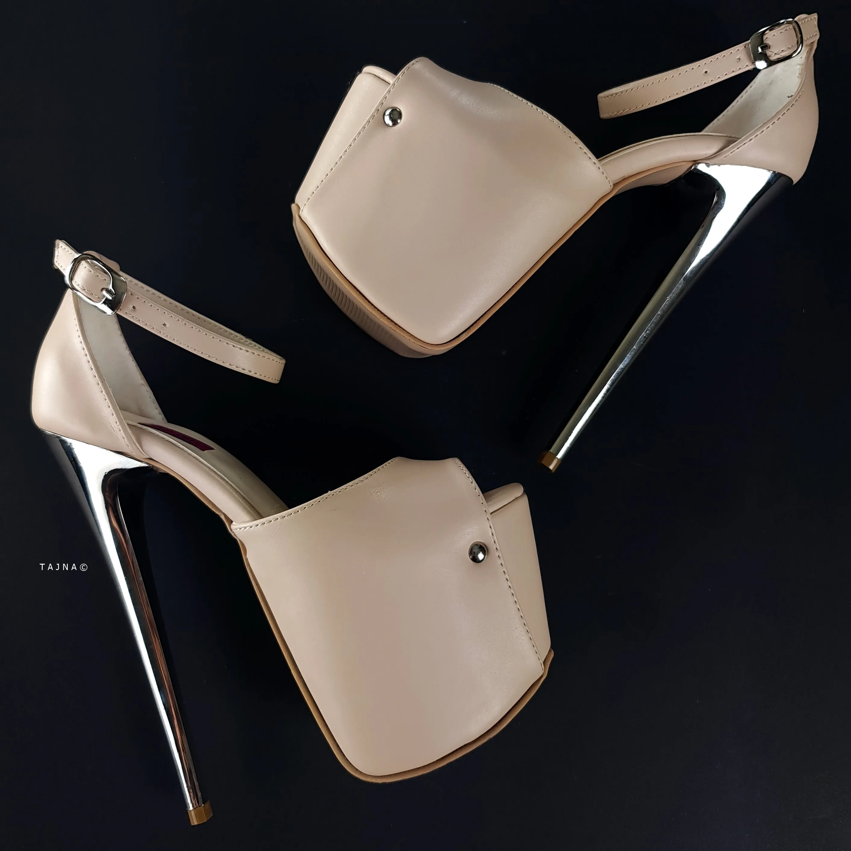 Beige Nude Ankle Strap Metallic High Heels