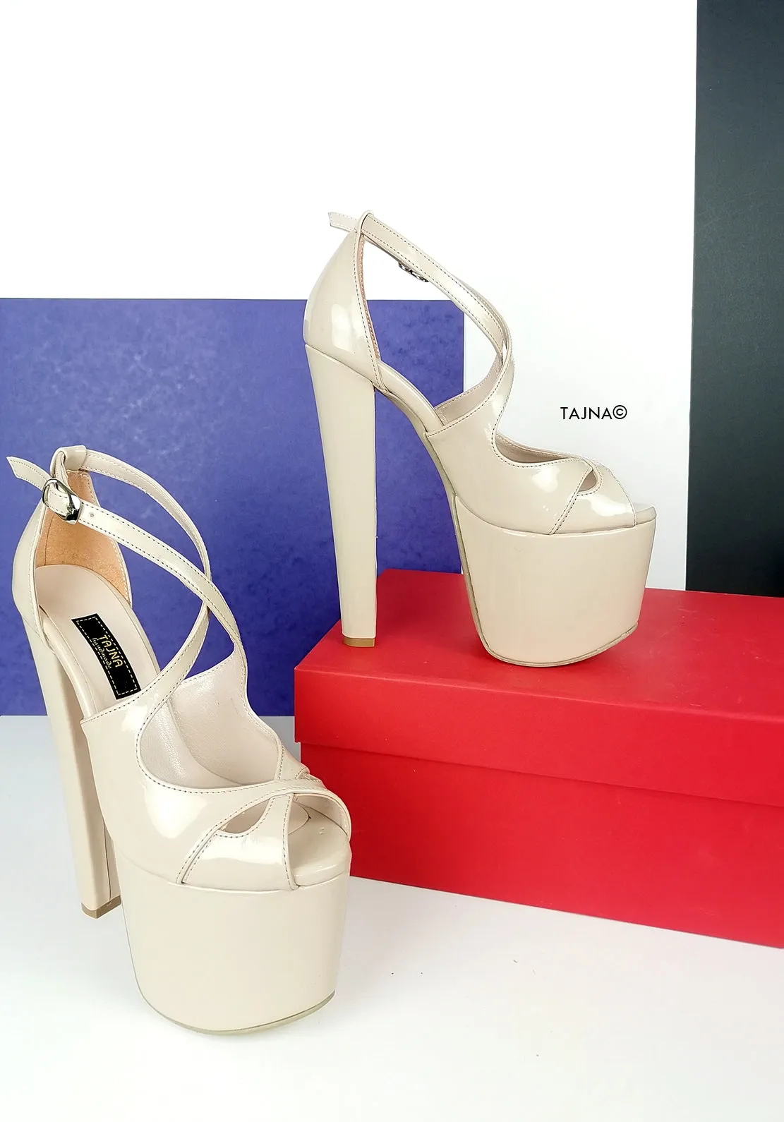 Beige Nude Patent Cross Strap Heels