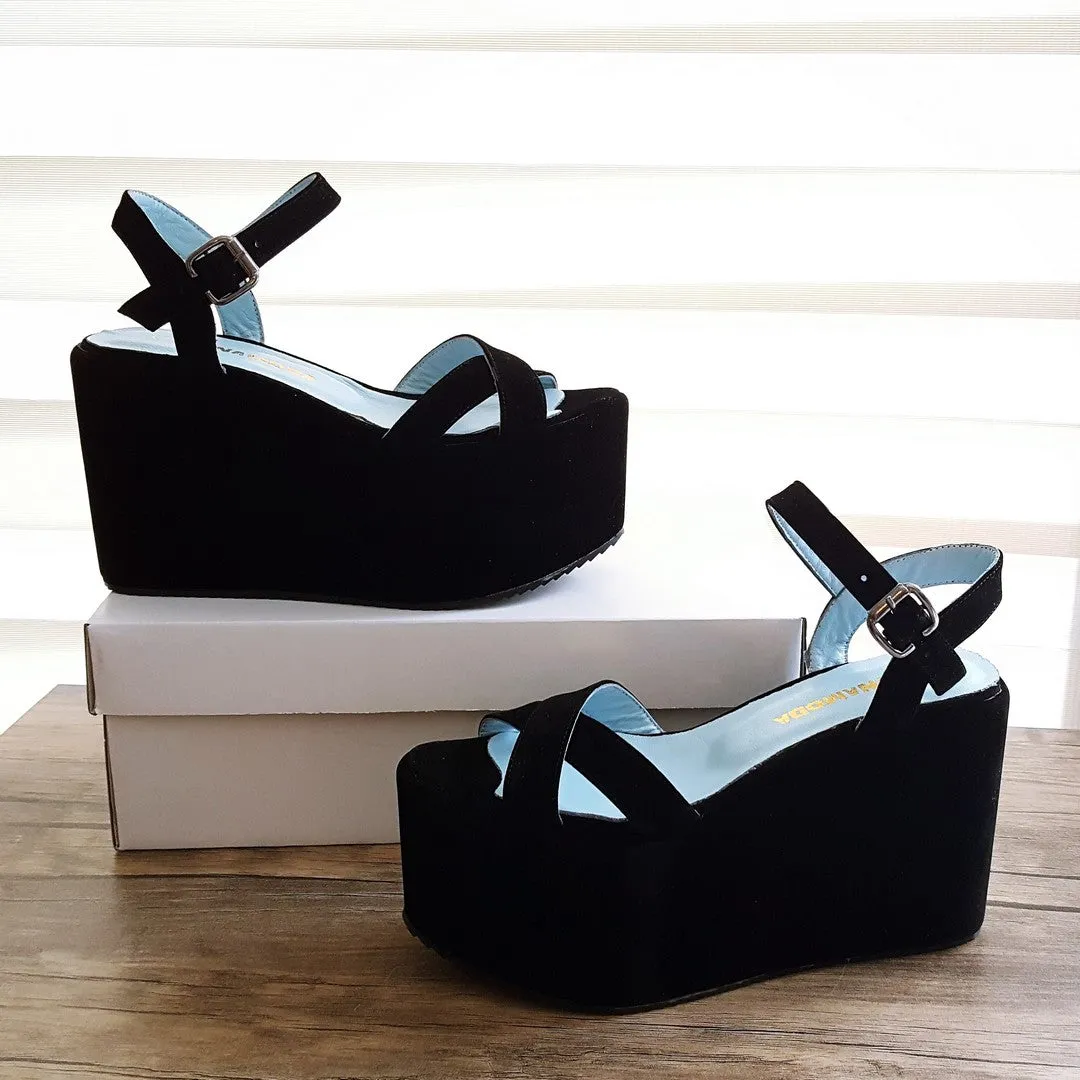 Black Faux Suede Cross Strap Wedge Platform Sandals