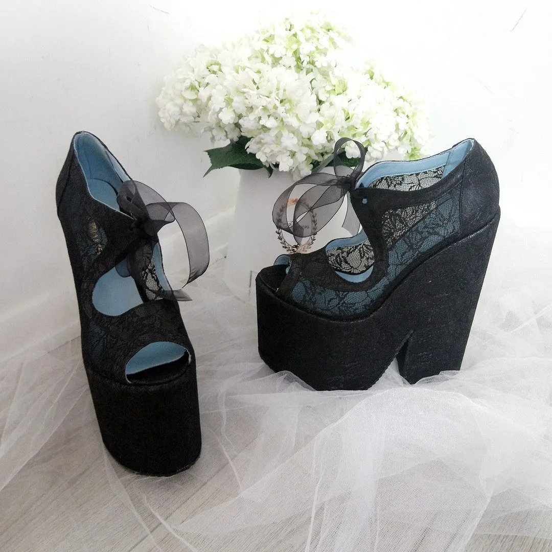 Black Full Lace Super High Heel Wedding Wedge Shoes