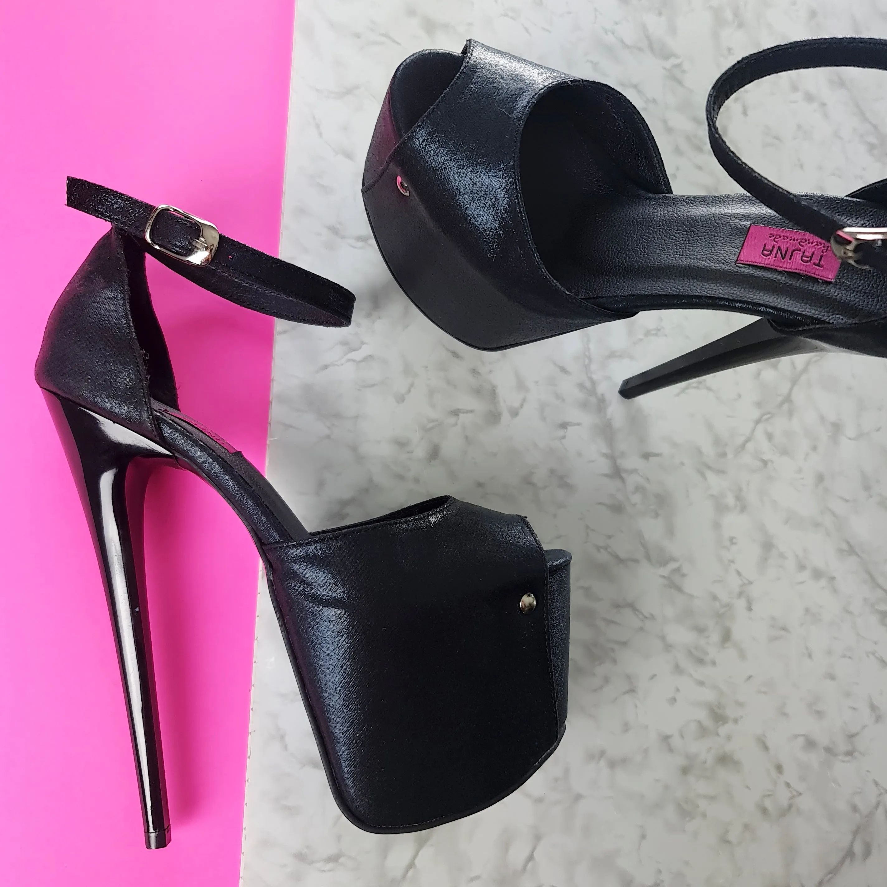 Black Hard Satin Ankle Strap High Heel Sandals