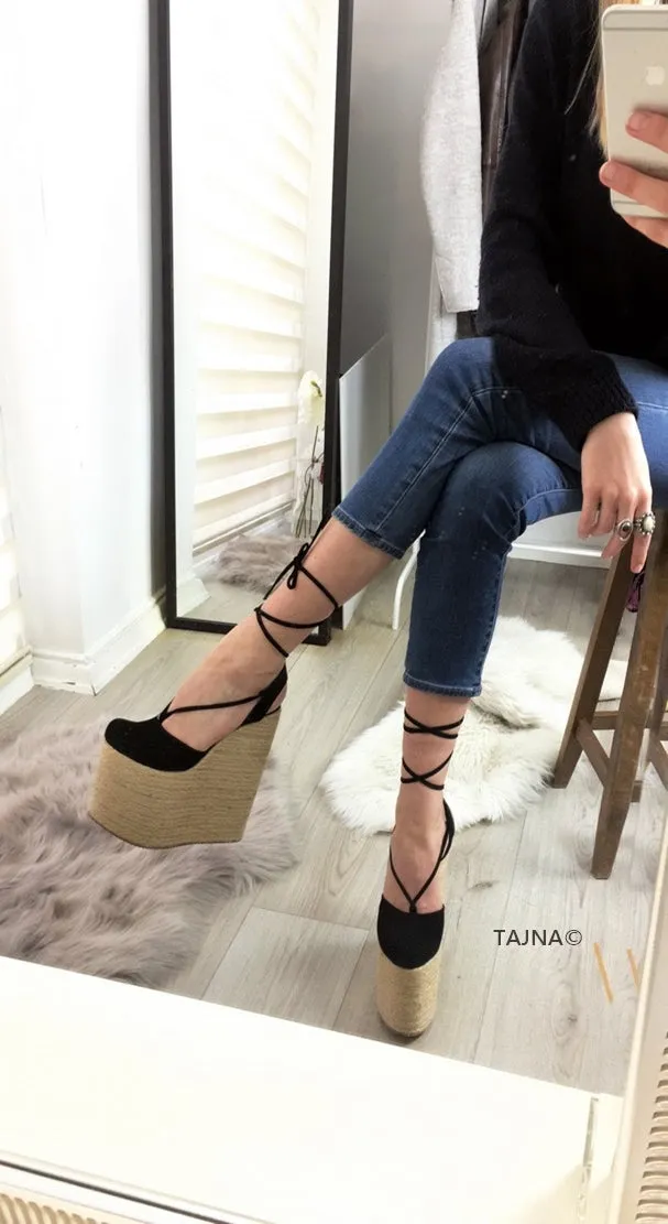 Black Lace Up High Heel Wedge Sandals