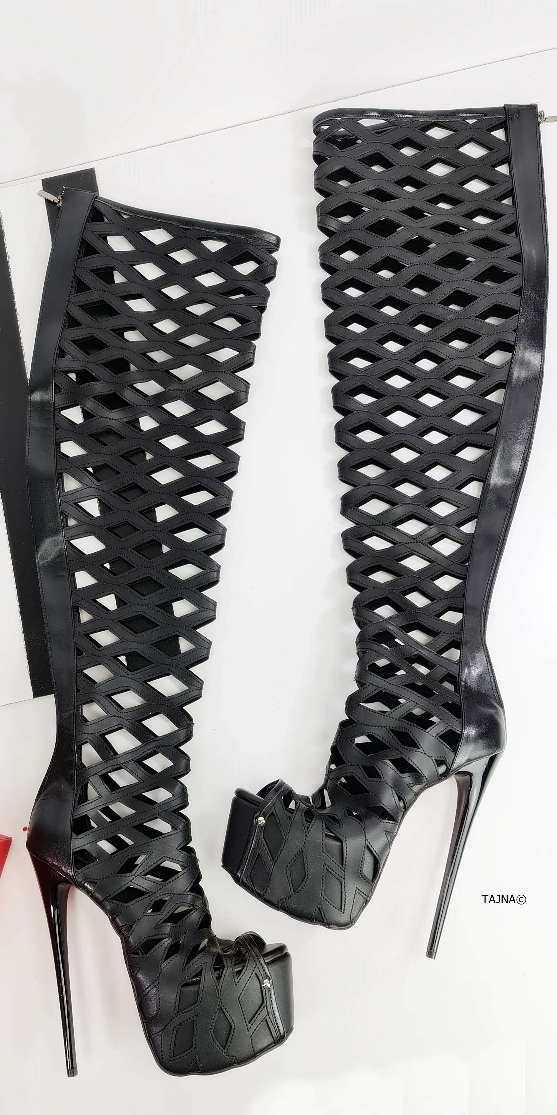 Black Matte Laser Cut Thigh High Boots