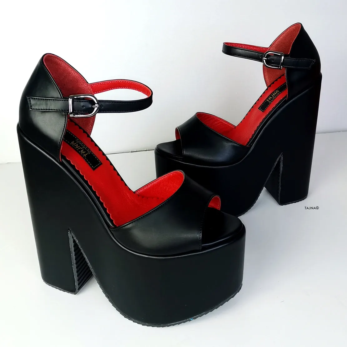 Black Red Ankle Strap Peep Toe Wedges