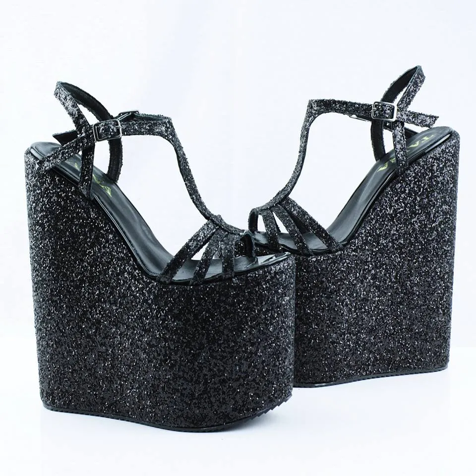 Black Shiny Wedge Sandals