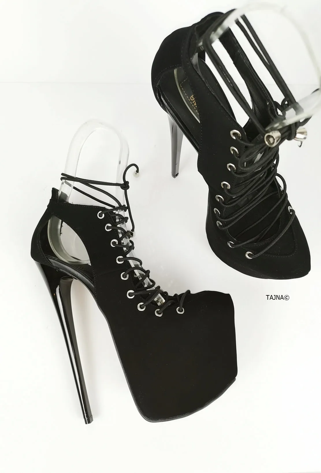 Black Suede Designer Lace Up Heels