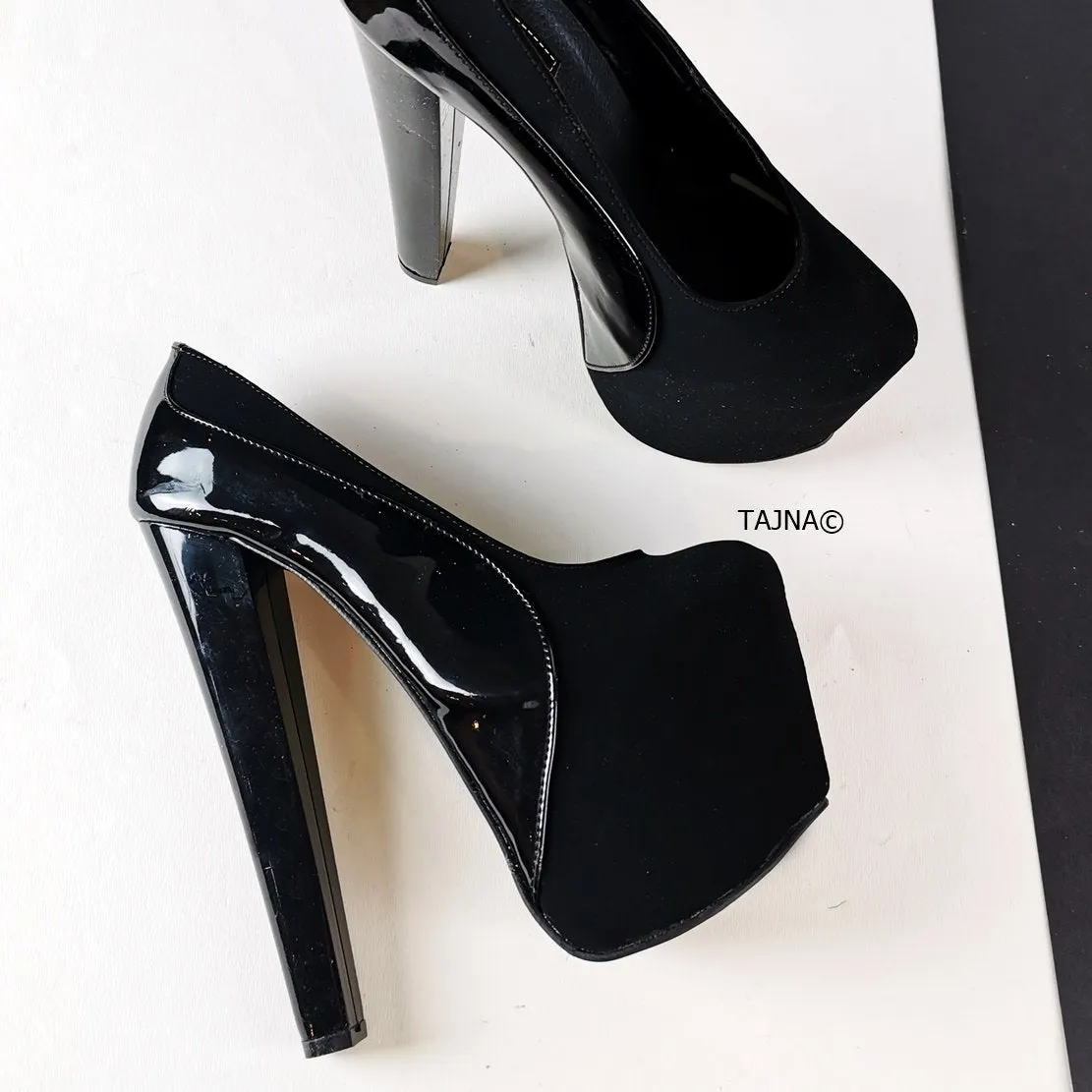 Black Suede Patent Detail Platform Heels