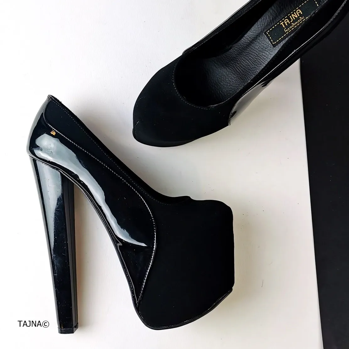 Black Suede Patent Detail Platform Heels