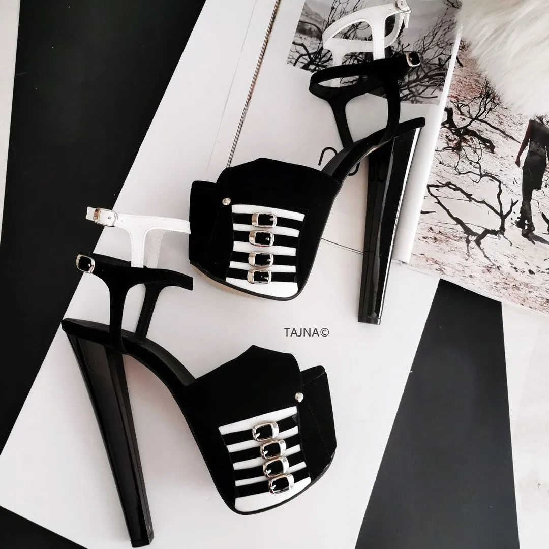 Black White Double Ankle Strap Platform Sandals