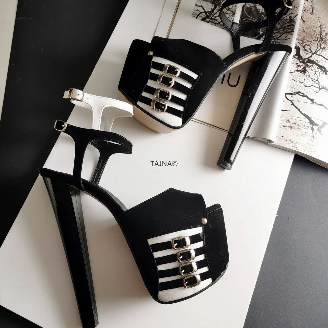 Black White Double Ankle Strap Platform Sandals