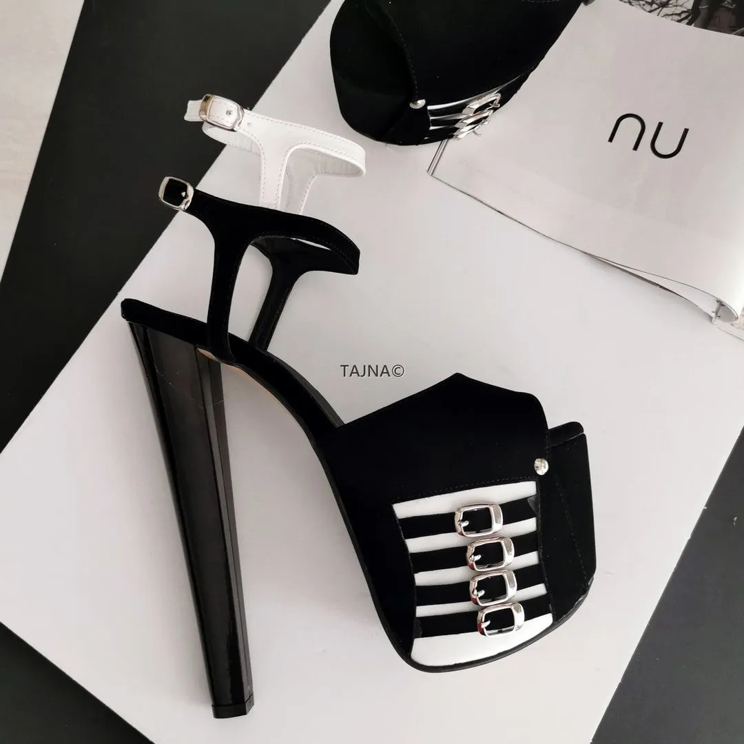 Black White Double Ankle Strap Platform Sandals