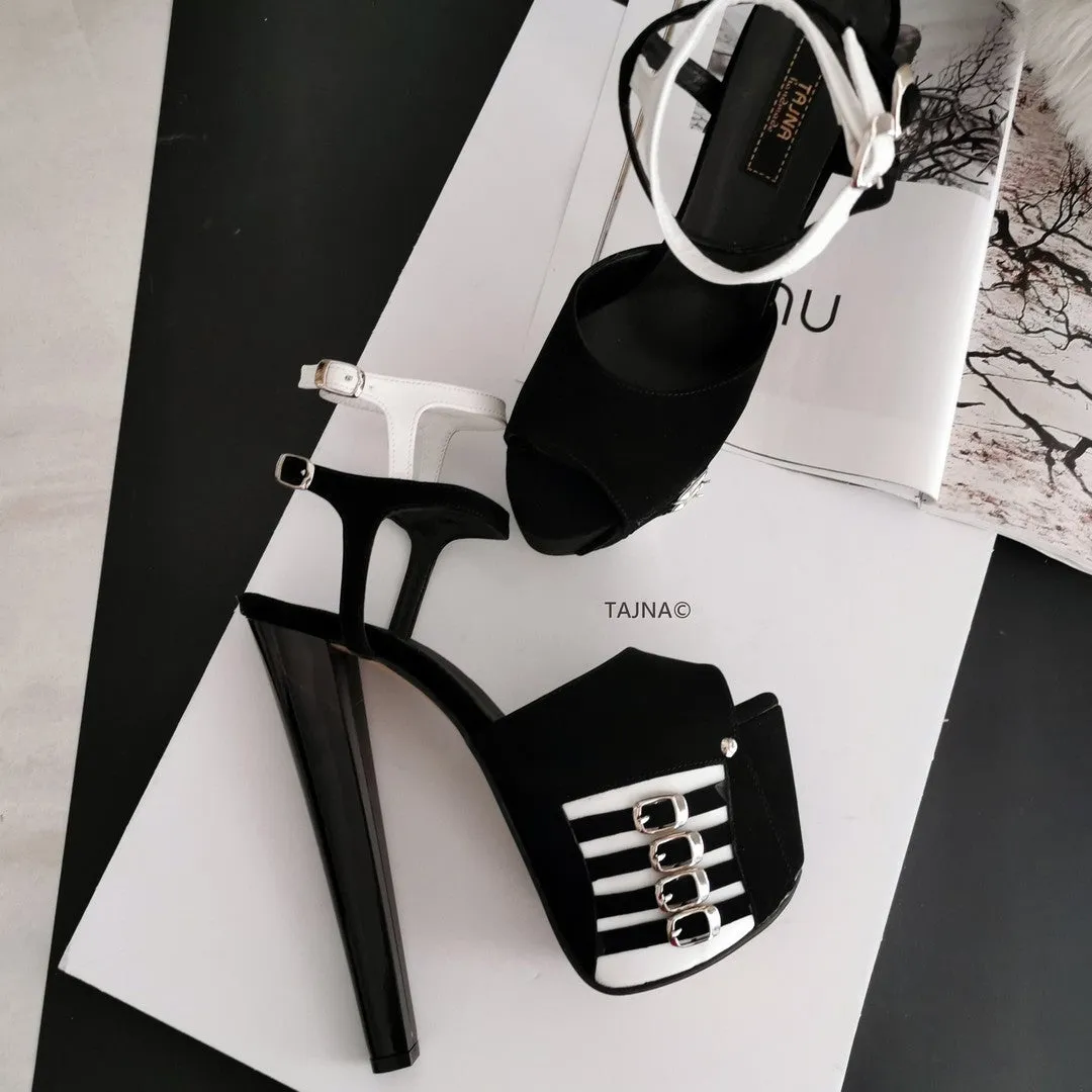 Black White Double Ankle Strap Platform Sandals