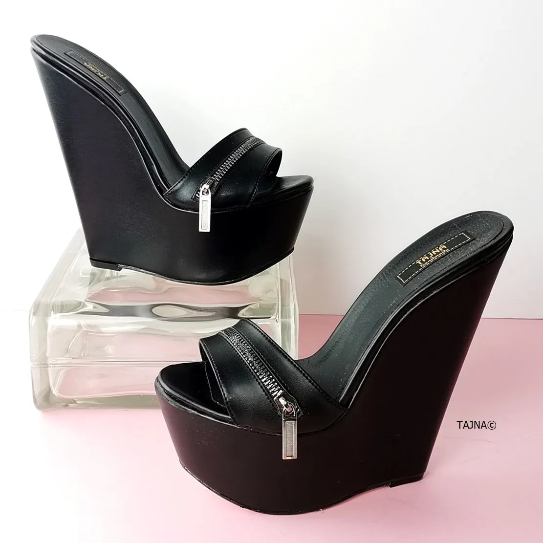 Black Zipper Detail Wedge Mules