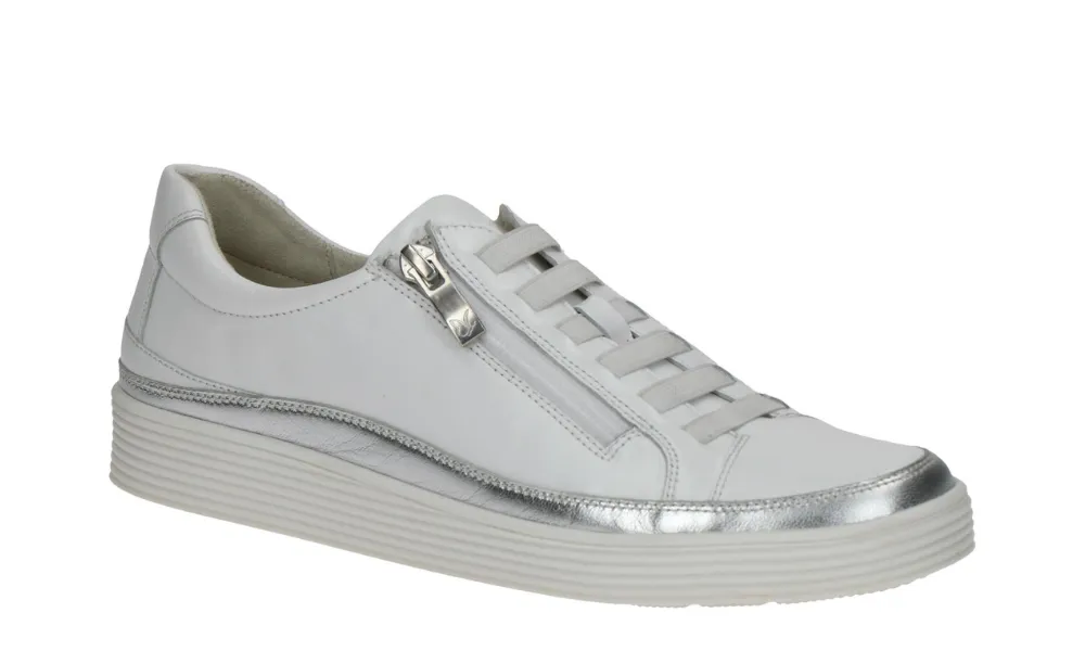 Caprice - Manou 2D Elastic Lace Zip-Up Trainer White & Silver