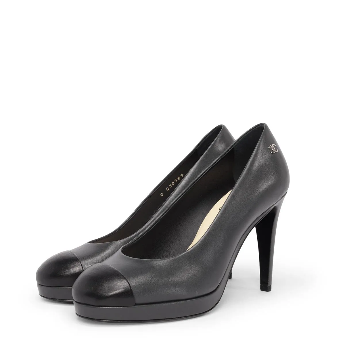 Chanel Charcoal Lambskin Cap Toe CC Pumps 38