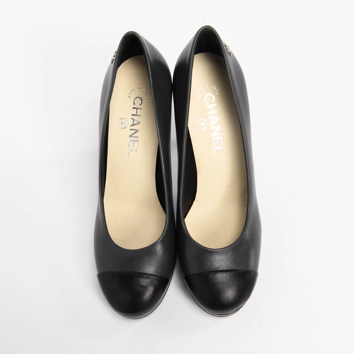 Chanel Charcoal Lambskin Cap Toe CC Pumps 38