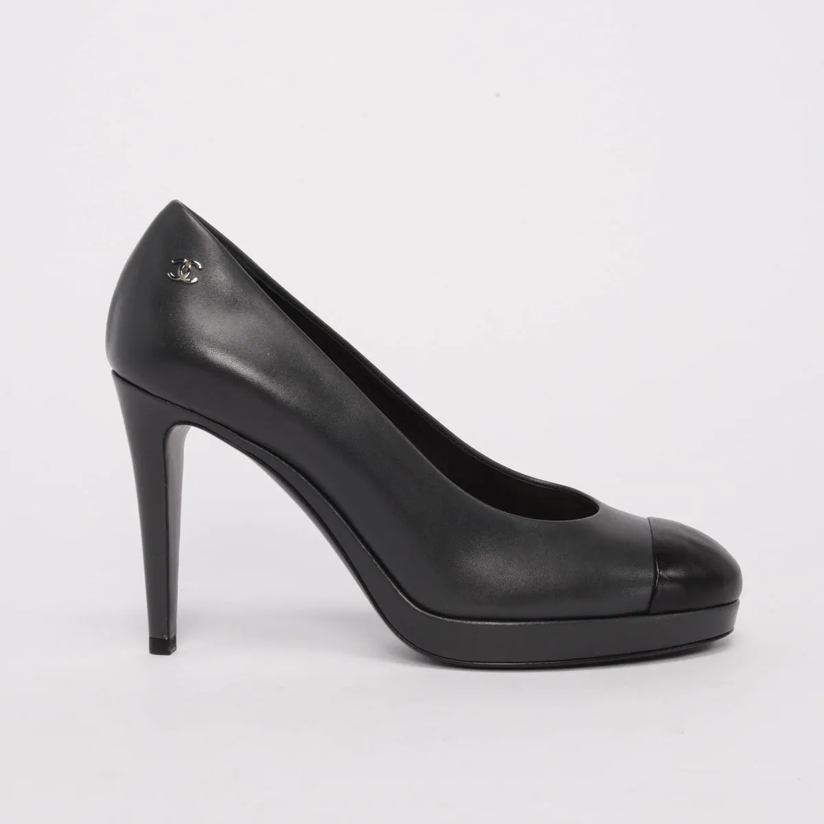 Chanel Charcoal Lambskin Cap Toe CC Pumps 38