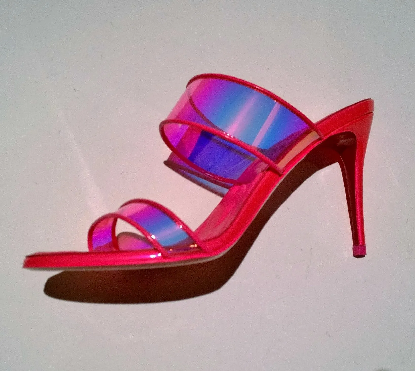 Christian Louboutin Just Loubi 85 Fluorescent Pink PVC Leather Slide Sandals Heels