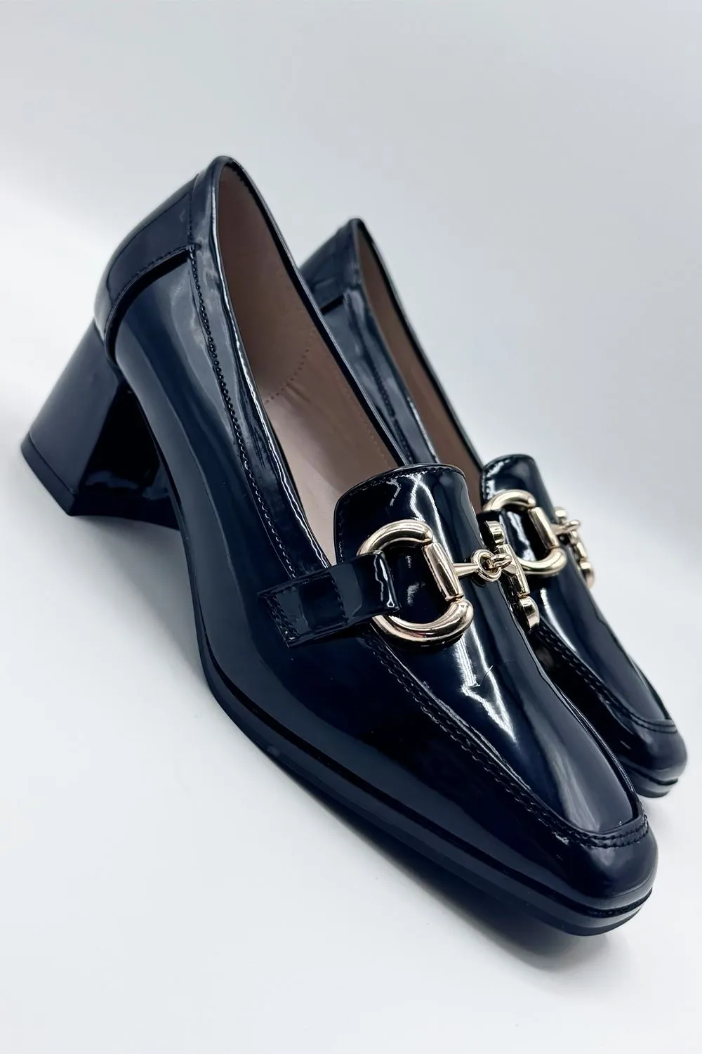 Comet Link Detail Square Toe Block Heel Court Shoes in Black Patent