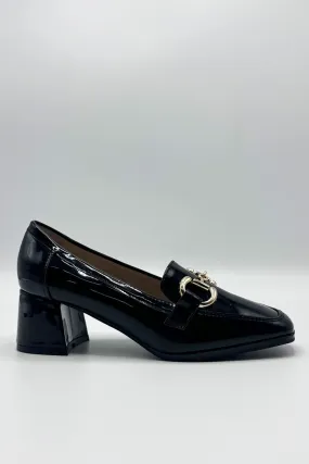 Comet Link Detail Square Toe Block Heel Court Shoes in Black Patent