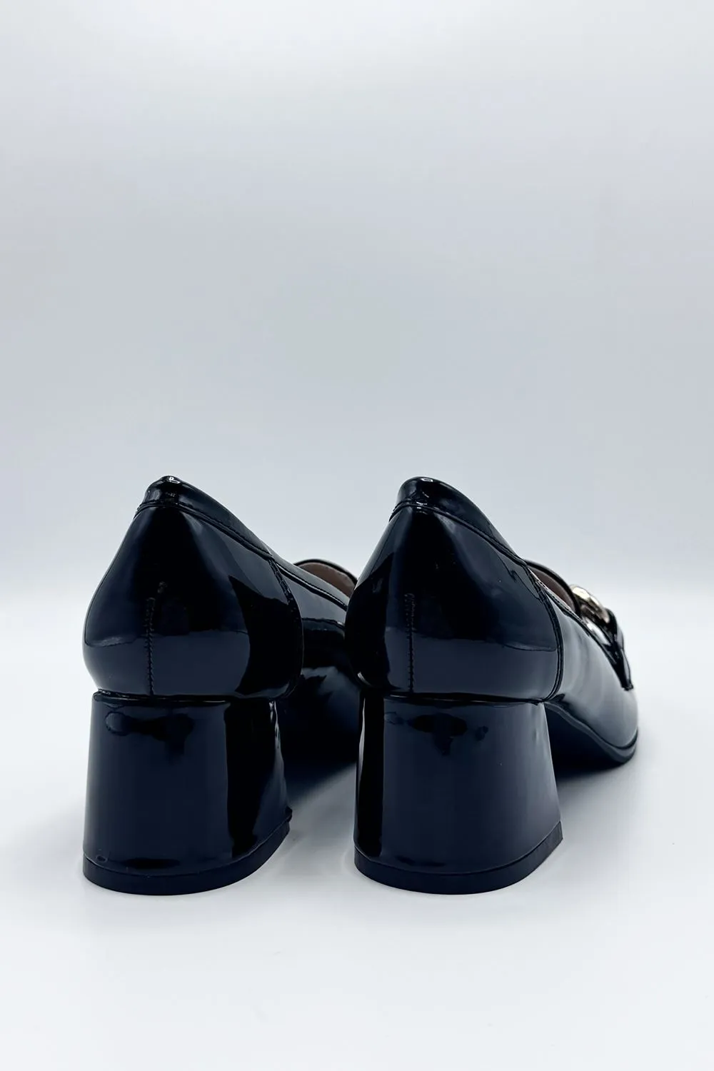 Comet Link Detail Square Toe Block Heel Court Shoes in Black Patent