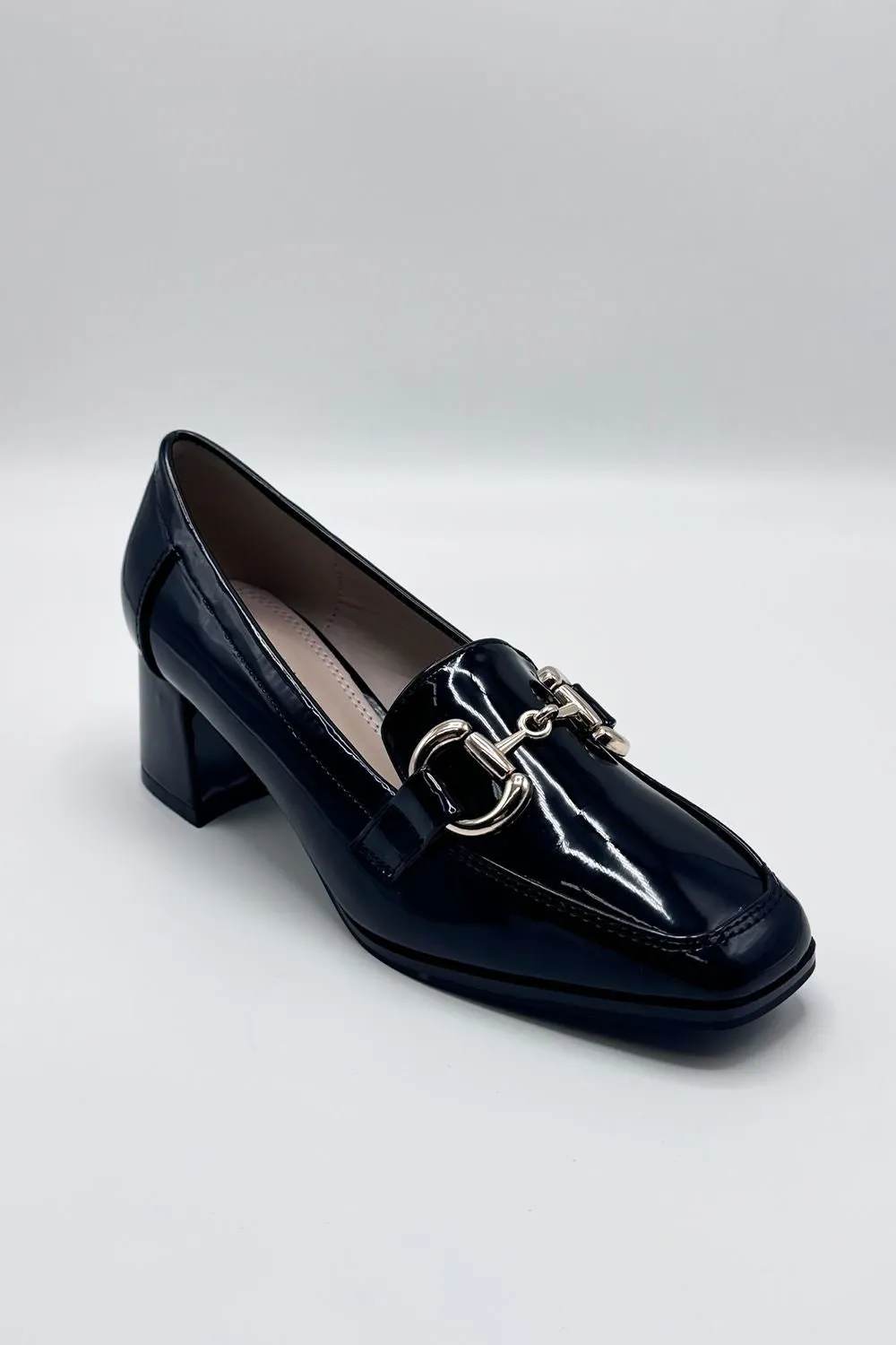 Comet Link Detail Square Toe Block Heel Court Shoes in Black Patent