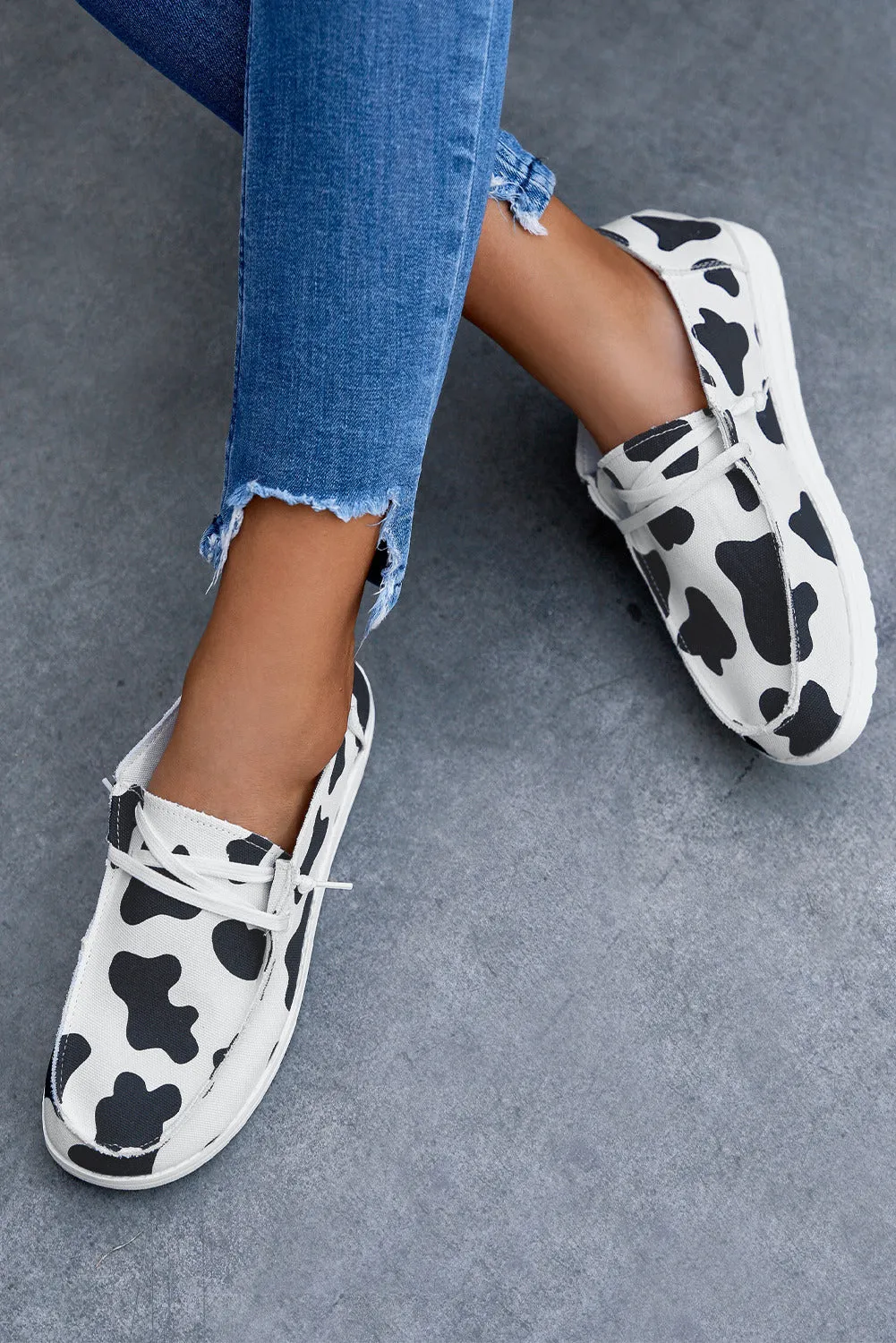 Cow Print Shoes Canvas for Women Lace Up Slip-Ons Flats Loafers Sneakers