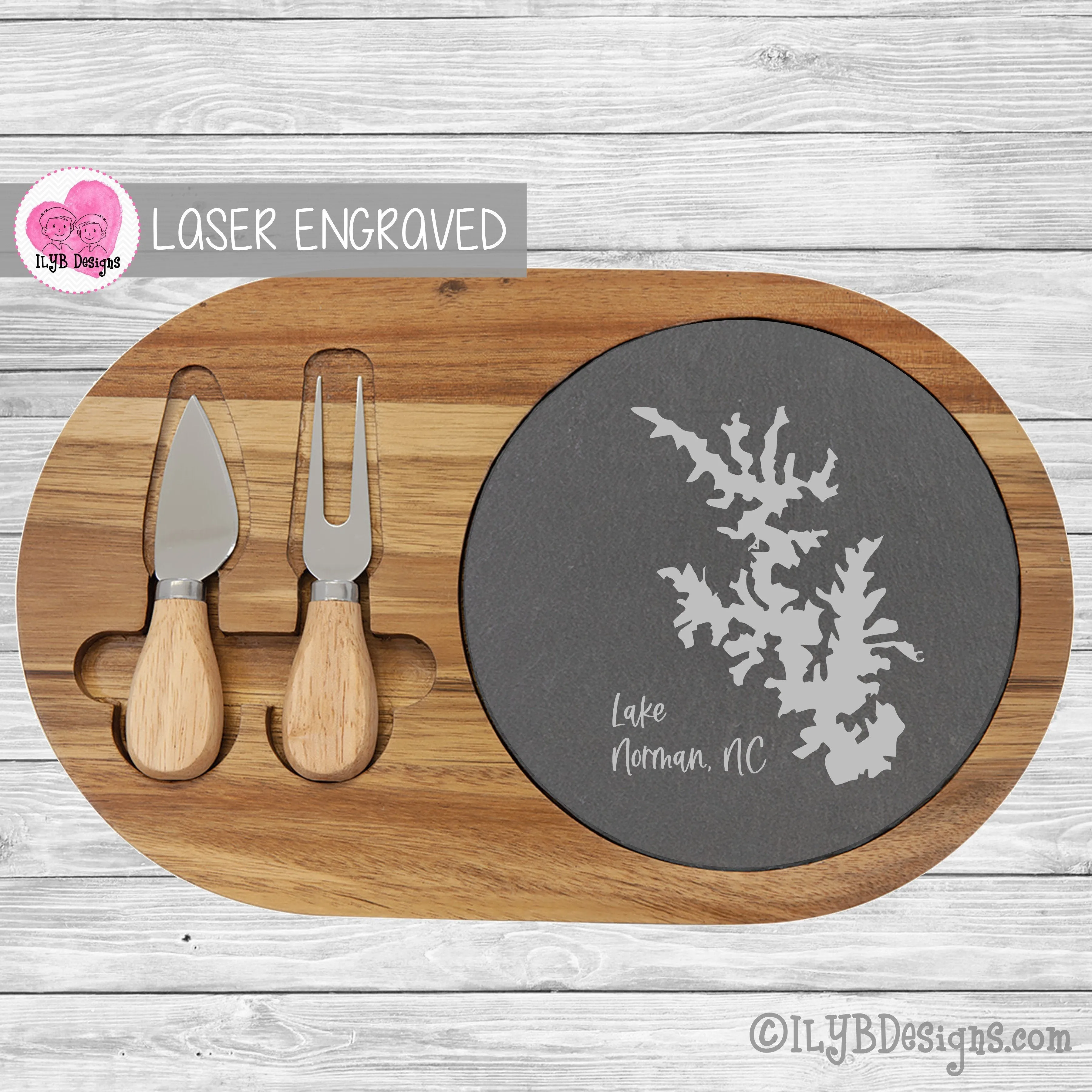 Custom Lake Silhouette | Round Cheese Board with Serving Tools