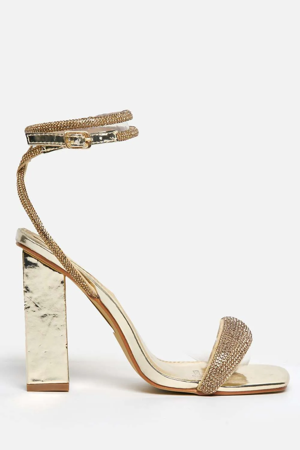 Donya Diamante Embellished Block Heel Sandals in Gold